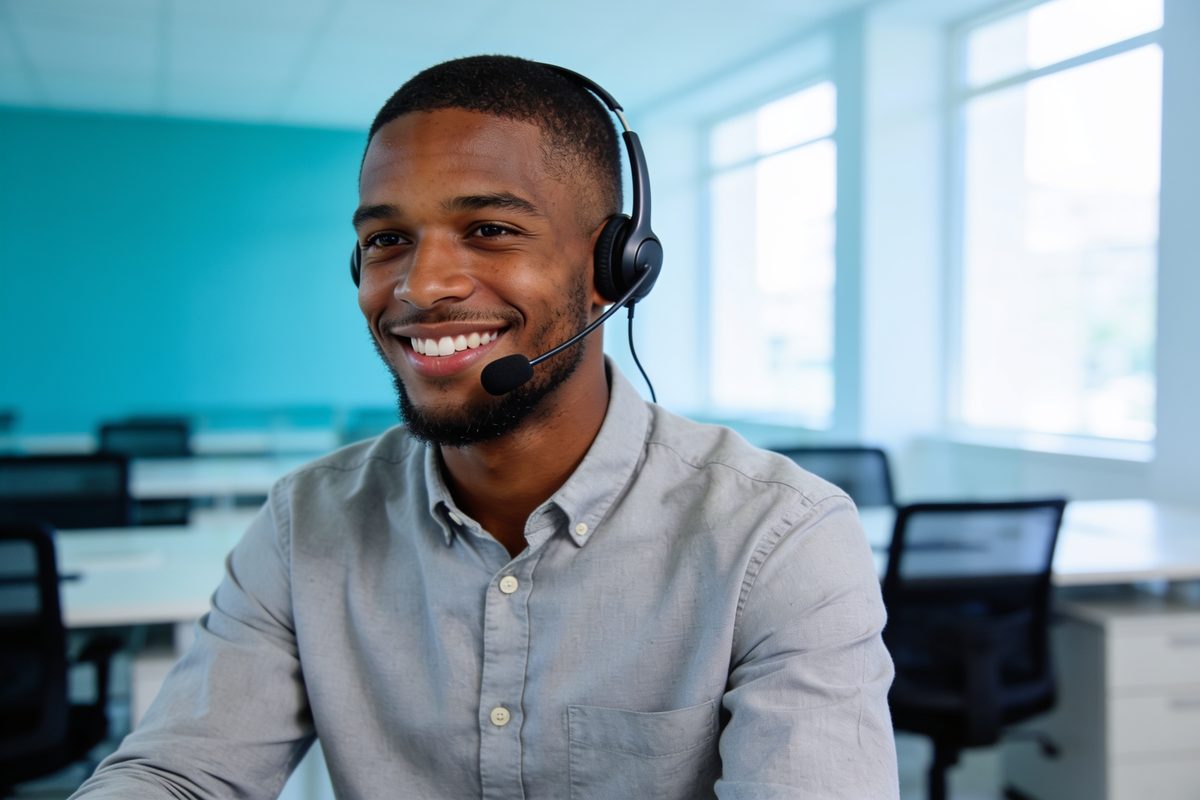 Atendente com headset em operação de cobrança